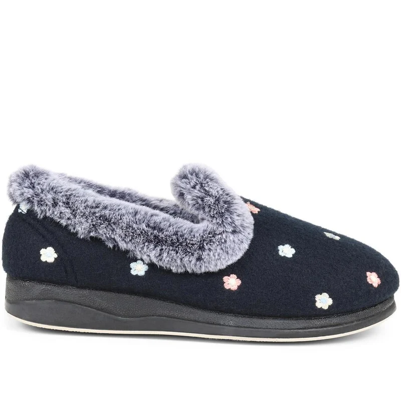 Floral Faux-Fur Slippers - QING38012 / 324 190 - Navy Floral
