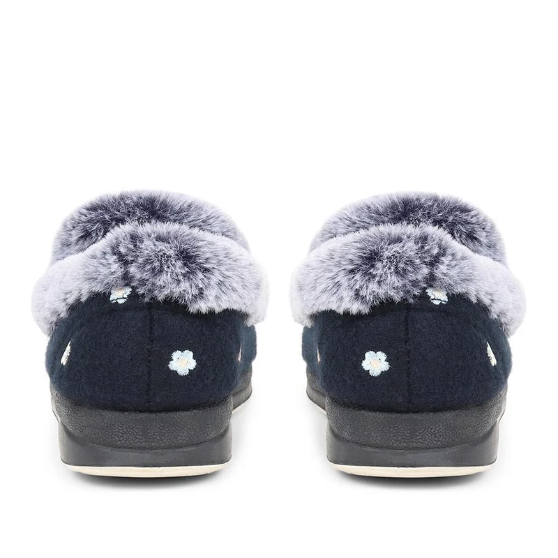 Floral Faux-Fur Slippers - QING38012 / 324 190 - Navy Floral