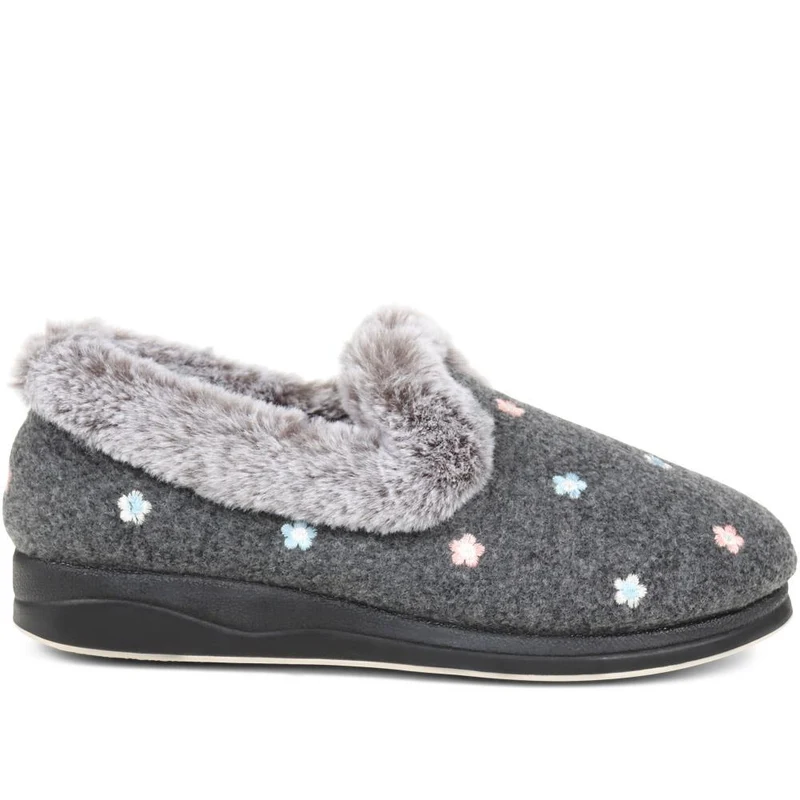 Floral Faux-Fur Slippers - QING38012 / 324 190 - Grey Floral