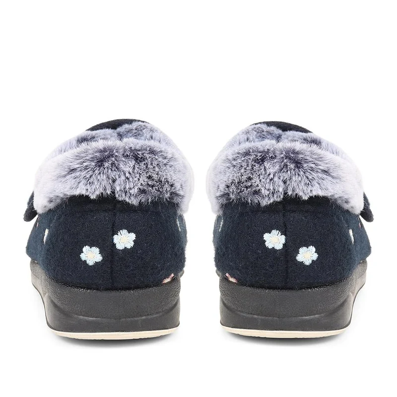 Extra-Wide Fit Faux-Fur Flower Slippers - LISBET / 324 143 - Navy