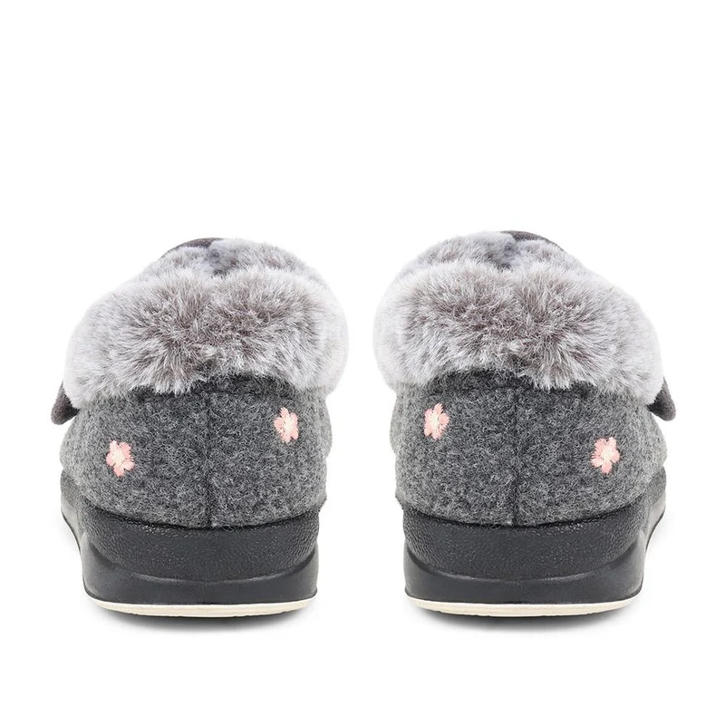 Extra-Wide Fit Faux-Fur Flower Slippers - LISBET / 324 143 - Grey