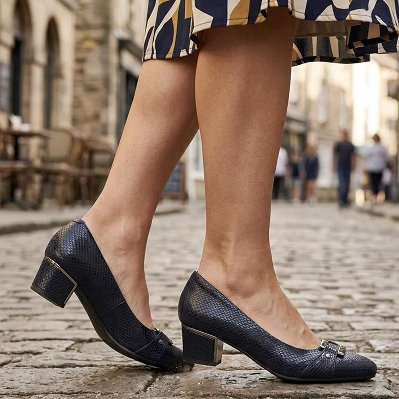 Heeled Court Shoe - WK38019 / 324 234 - Navy Snake